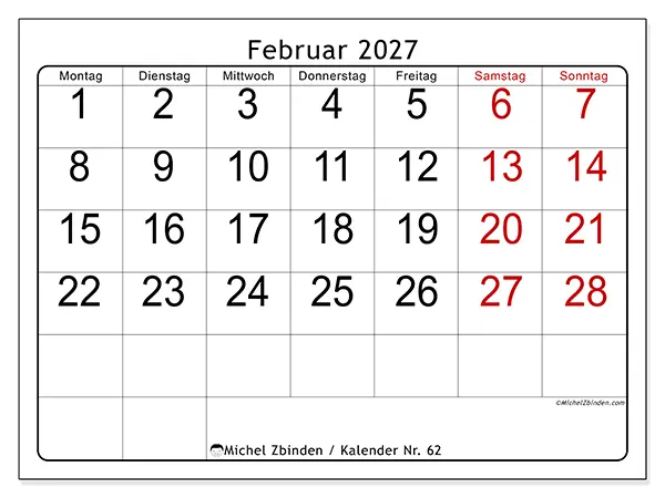 Kalender Februar 2027 zum Ausdrucken - Schnelllesen