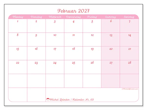Kalender Februar 2027 zum Ausdrucken - Sanfte Planung