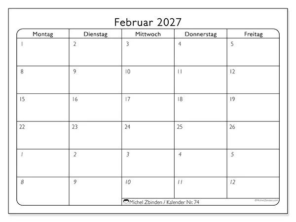 Kalender Februar 2027 zum Ausdrucken - Arbeitswoche