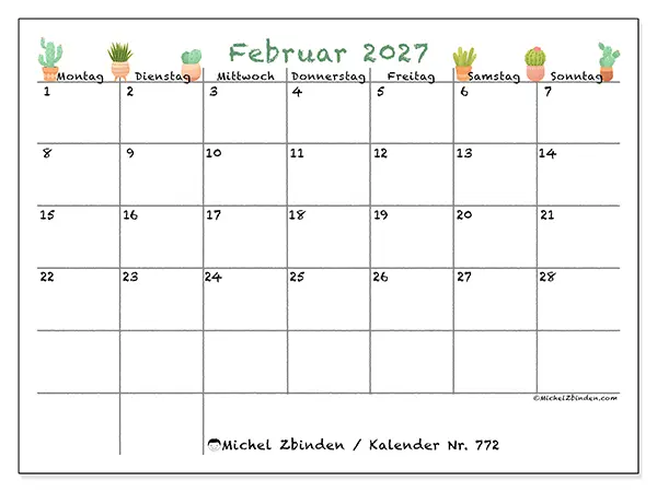 Kalender Februar 2027 zum Ausdrucken - Dekorative Kakteen