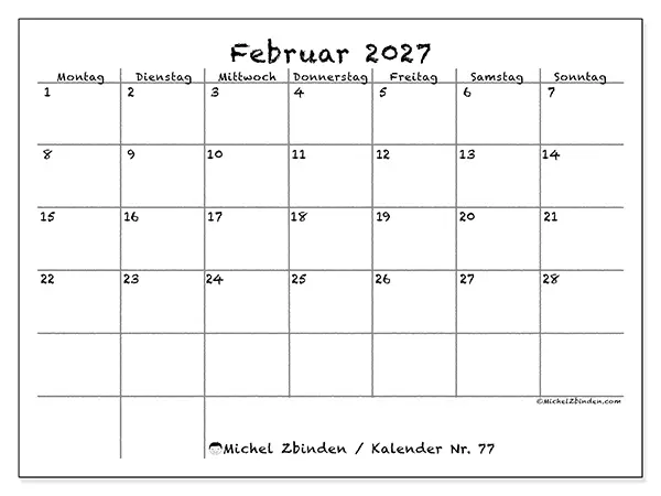 Kalender Februar 2027 zum Ausdrucken - Schule und Familie