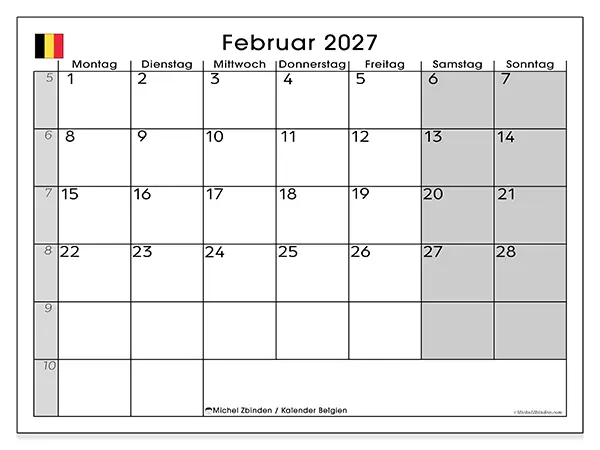Kalender Februar 2027 zum Ausdrucken - Belgien