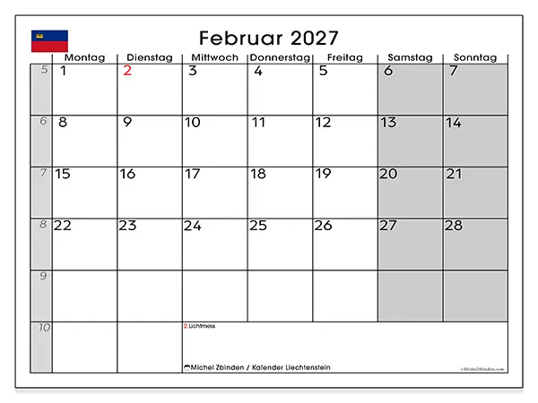 Kalender Februar 2027 zum Ausdrucken - Liechtenstein