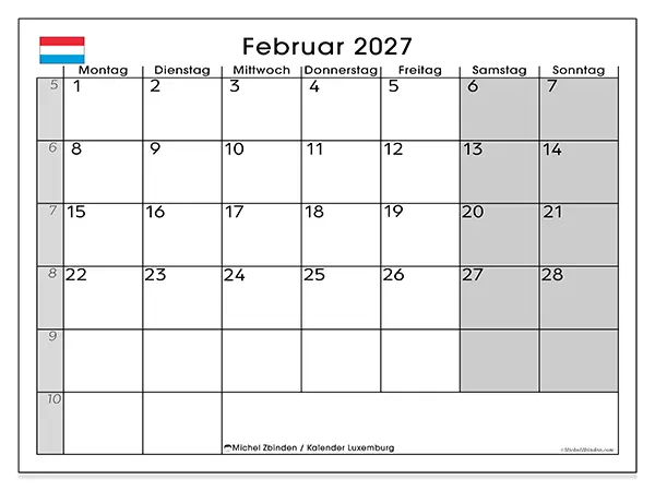 Kalender Februar 2027 zum Ausdrucken - Luxemburg