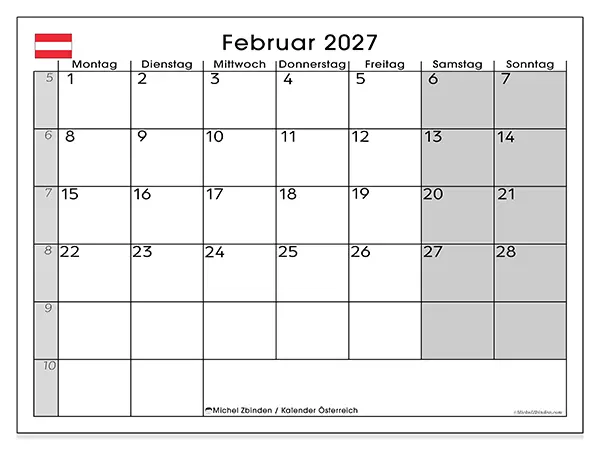 Kalender Februar 2027 zum Ausdrucken - Österreich