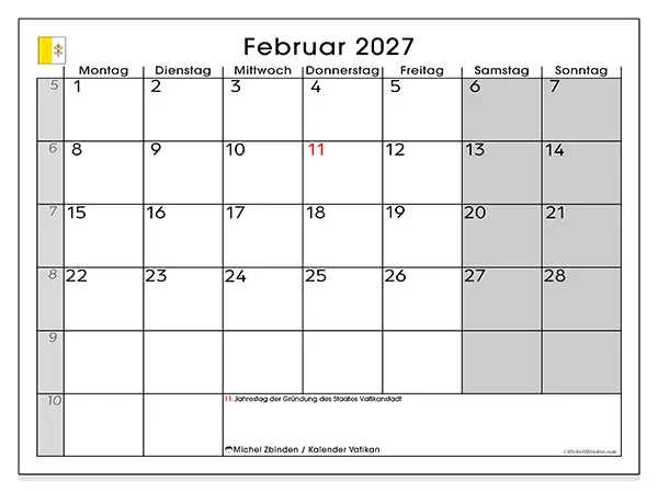 Kalender Februar 2027 zum Ausdrucken - Vatikan