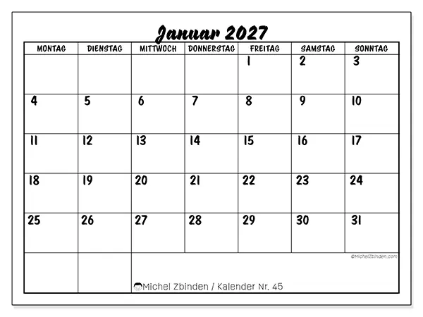 Kalender Januar 2027 zum Ausdrucken - Schulischer Erfolg