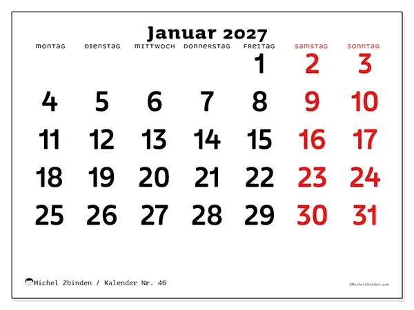 Kalender Januar 2027 zum Ausdrucken - Klare Übersicht