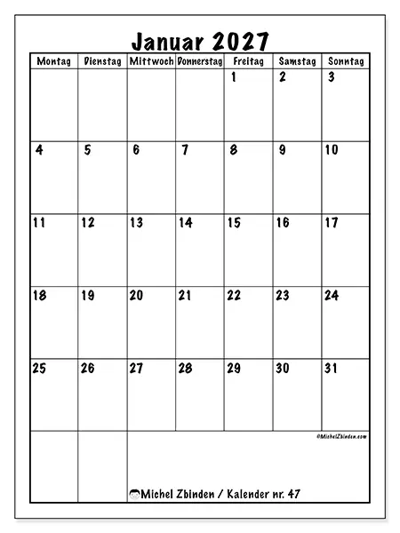 Kalender Januar 2027 zum Ausdrucken - Planung im Hochformat