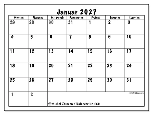 Kalender Januar 2027 zum Ausdrucken - Vollständige Planung
