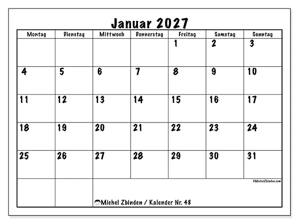 Kalender Januar 2027 zum Ausdrucken - Alltagsplanung
