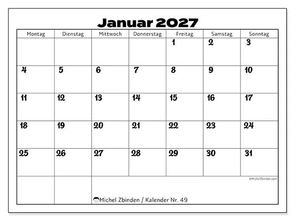 Kalender Januar 2027 zum Ausdrucken - Koordination im Arbeitsstil