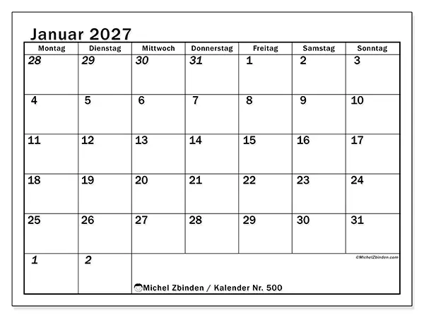 Kalender Januar 2027 zum Ausdrucken - Intensive Planung
