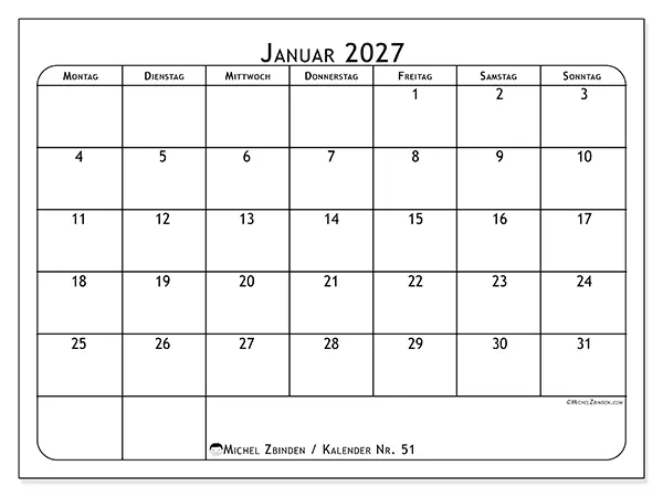 Kalender Januar 2027 zum Ausdrucken - Essensplan
