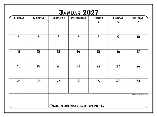 Kalender Januar 2027 zum Ausdrucken - Berufliche Planung
