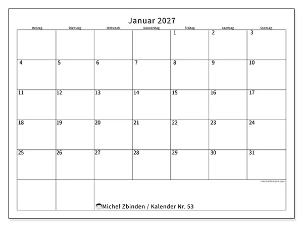 Kalender Januar 2027 zum Ausdrucken - Zeitplan