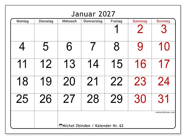 Kalender Januar 2027 zum Ausdrucken - Schnelllesen