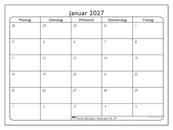 Kalender Januar 2027 zum Ausdrucken - Arbeitswoche