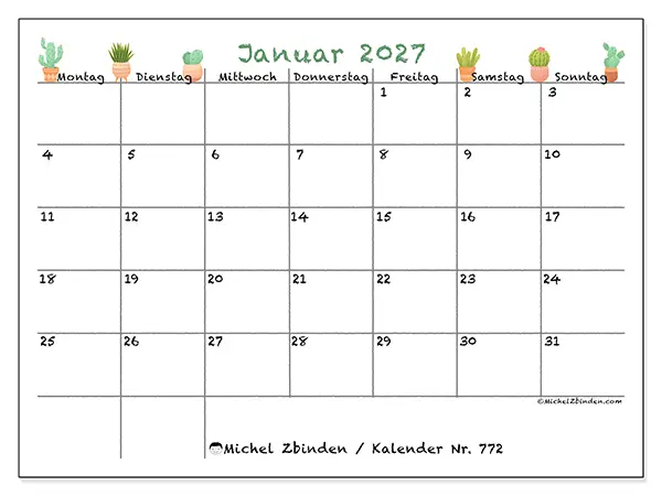 Kalender Januar 2027 zum Ausdrucken - Dekorative Kakteen