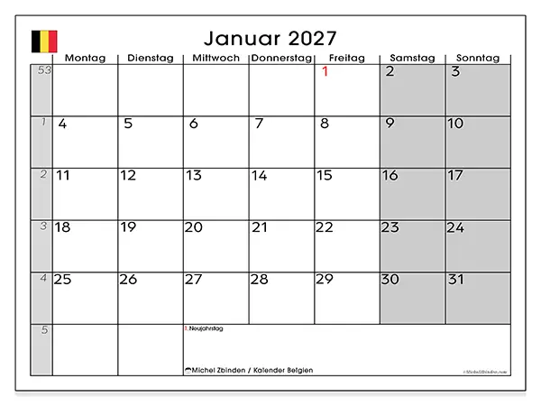 Kalender Januar 2027 zum Ausdrucken - Belgien