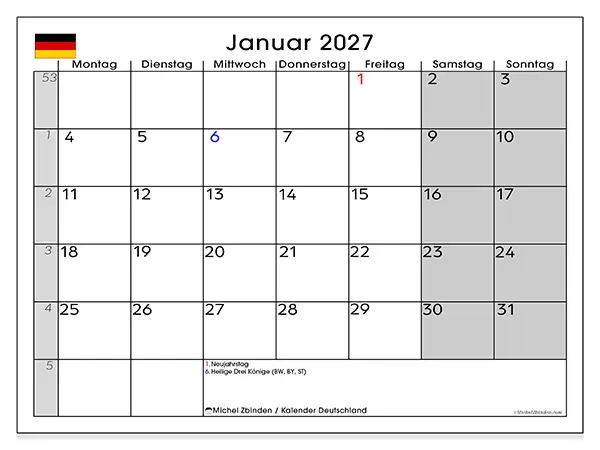 Kalender Januar 2027 zum Ausdrucken - Deutschland