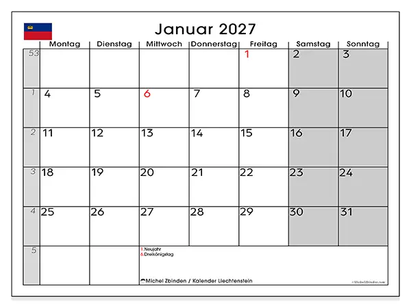 Kalender Januar 2027 zum Ausdrucken - Liechtenstein