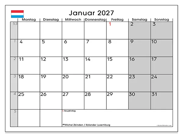 Kalender Januar 2027 zum Ausdrucken - Luxemburg