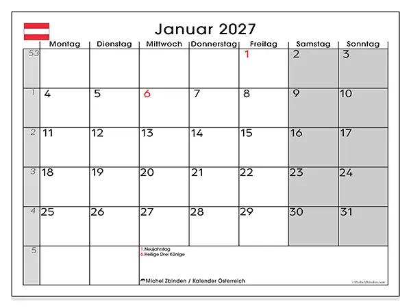 Kalender Januar 2027 zum Ausdrucken - Österreich