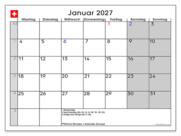 Kalender Januar 2027 zum Ausdrucken - Schweiz