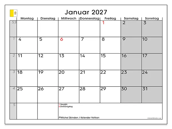 Kalender Januar 2027 zum Ausdrucken - Vatikan
