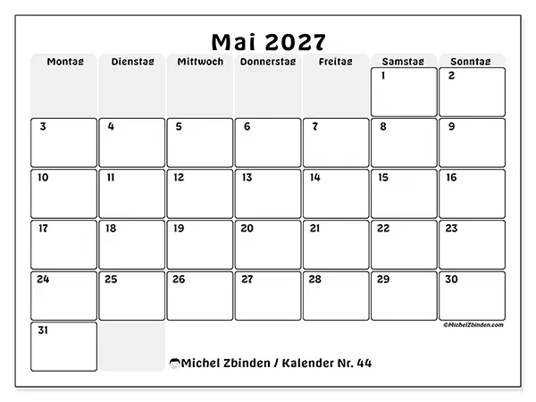 Kalender Mai 2027 zum Ausdrucken - Strukturierte Planung