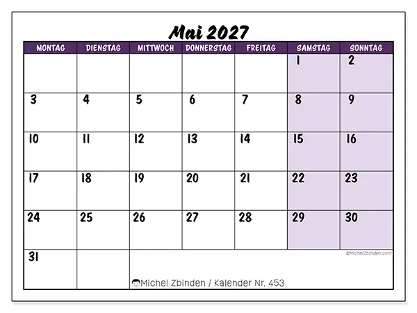 Kalender Mai 2027 zum Ausdrucken - Farbige Lernplanung