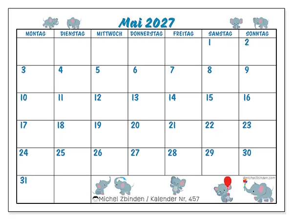 Kalender Mai 2027 zum Ausdrucken - Kleine Elefanten