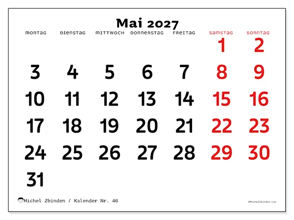 Kalender Mai 2027 zum Ausdrucken - Klare Übersicht