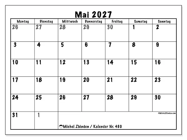 Kalender Mai 2027 zum Ausdrucken - Vollständige Planung