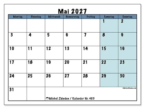 Kalender Mai 2027 zum Ausdrucken - Struktur für die Schule