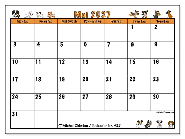 Kalender Mai 2027 zum Ausdrucken - Begeisterte Hunde