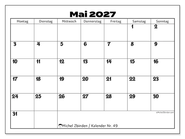 Kalender Mai 2027 zum Ausdrucken - Koordination im Arbeitsstil