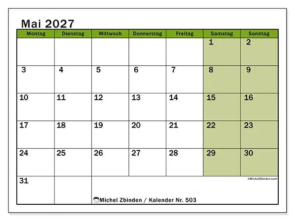 Kalender Mai 2027 zum Ausdrucken - Naturakzente