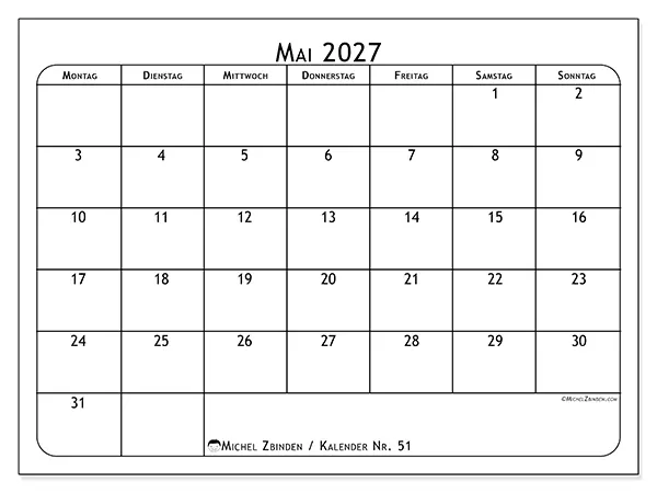 Kalender Mai 2027 zum Ausdrucken - Essensplan