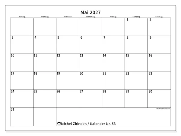 Kalender Mai 2027 zum Ausdrucken - Zeitplan