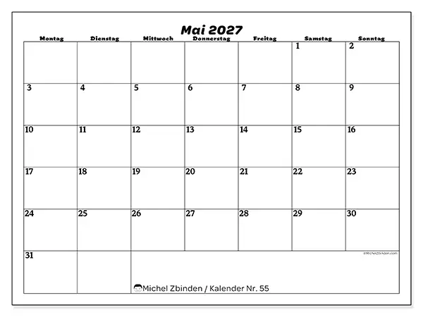 Kalender Mai 2027 zum Ausdrucken - Freizeitorganisation