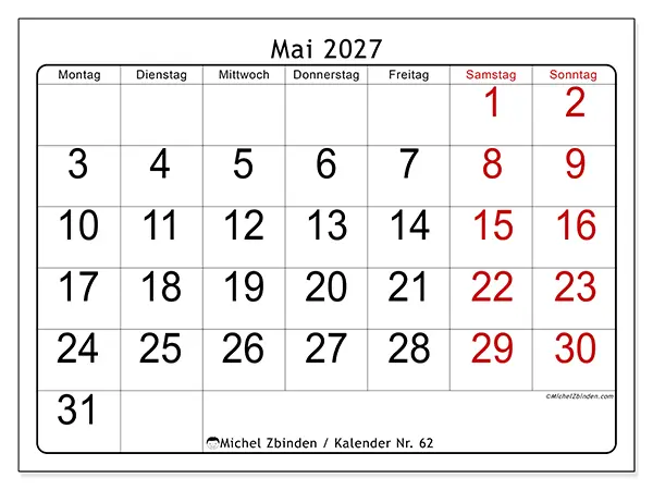 Kalender Mai 2027 zum Ausdrucken - Schnelllesen