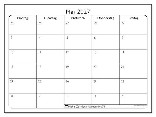 Kalender Mai 2027 zum Ausdrucken - Arbeitswoche