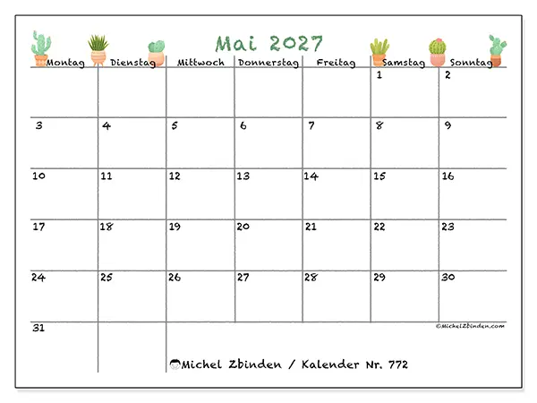 Kalender Mai 2027 zum Ausdrucken - Dekorative Kakteen