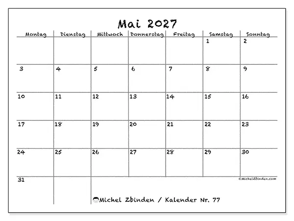 Kalender Mai 2027 zum Ausdrucken - Schule und Familie