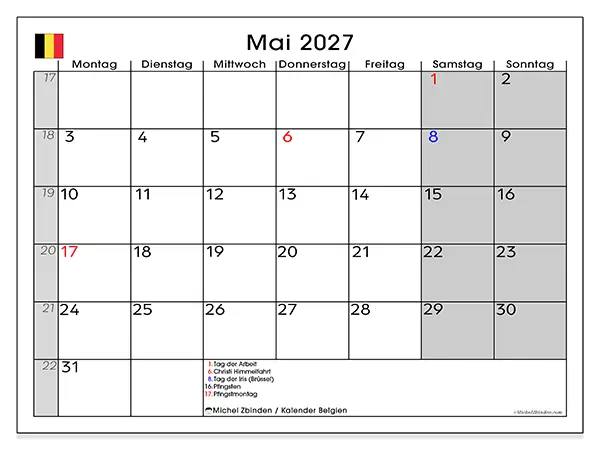 Kalender Mai 2027 zum Ausdrucken - Belgien