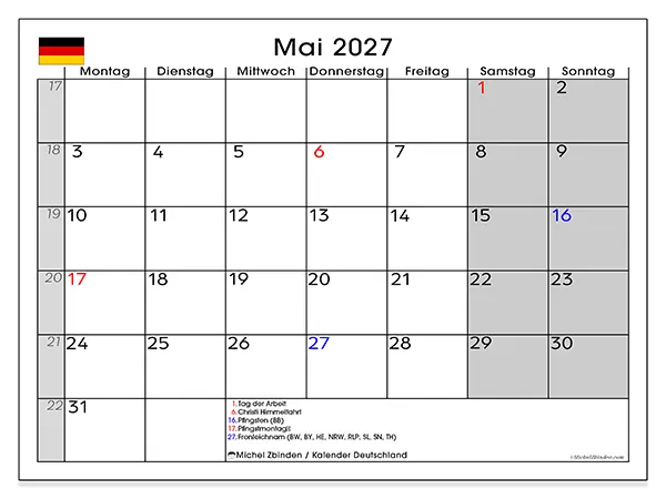 Kalender Mai 2027 zum Ausdrucken - Deutschland