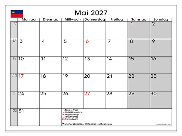 Kalender Mai 2027 zum Ausdrucken - Liechtenstein