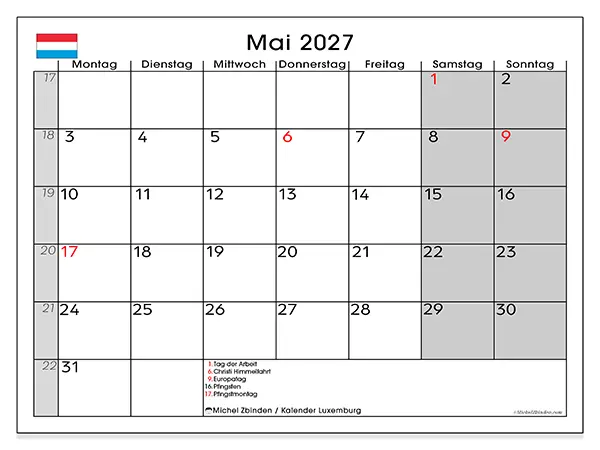 Kalender Mai 2027 zum Ausdrucken - Luxemburg